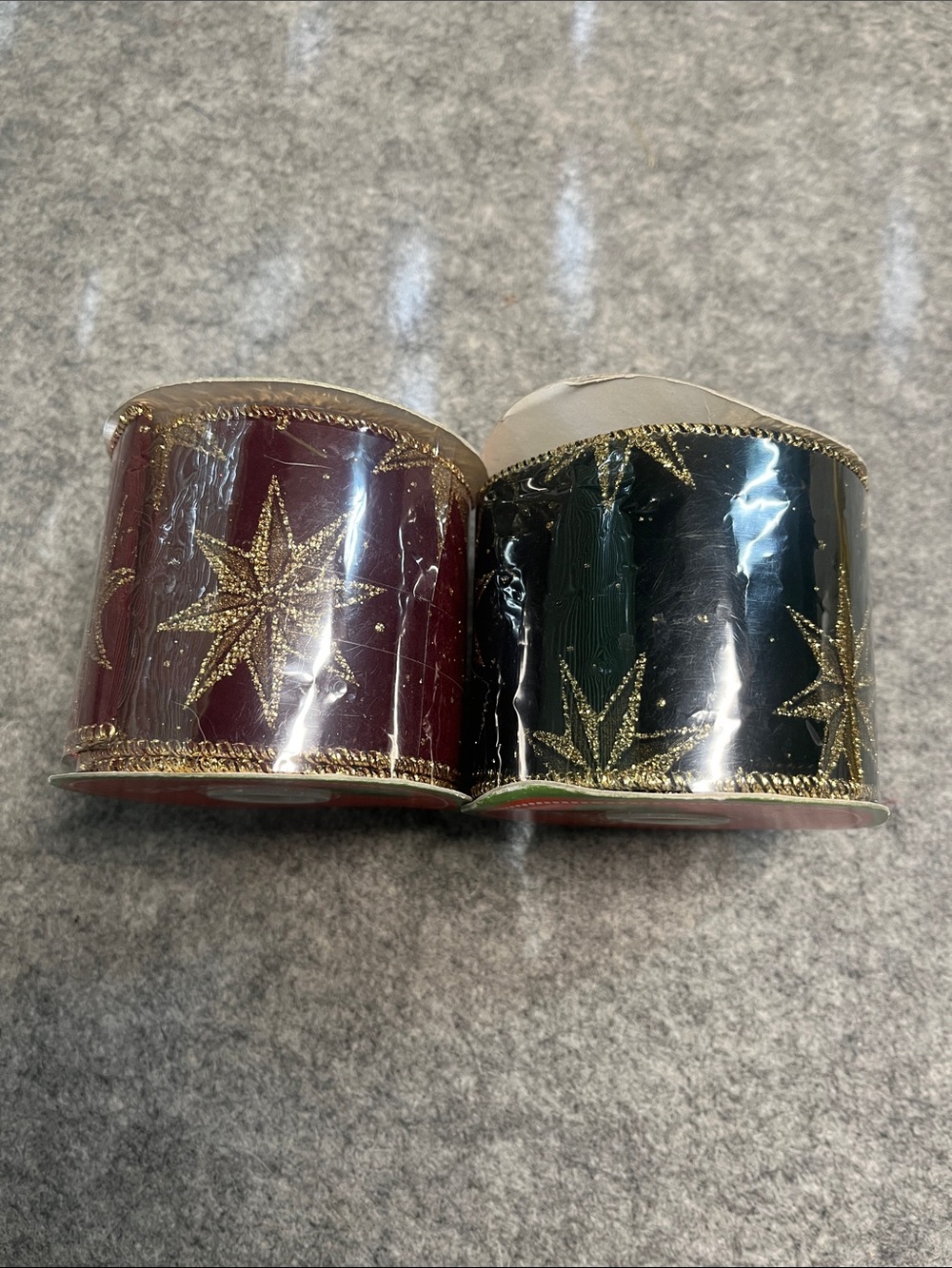 Burgundy and green Christmas Ribbon Duo with Gold Star Motif